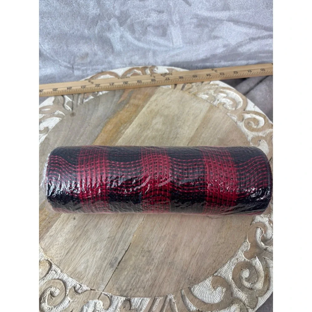 Hobby Lobby Christmas Polypro Mesh Ribbon Red Black Buffalo Plaid 10in x 30ft